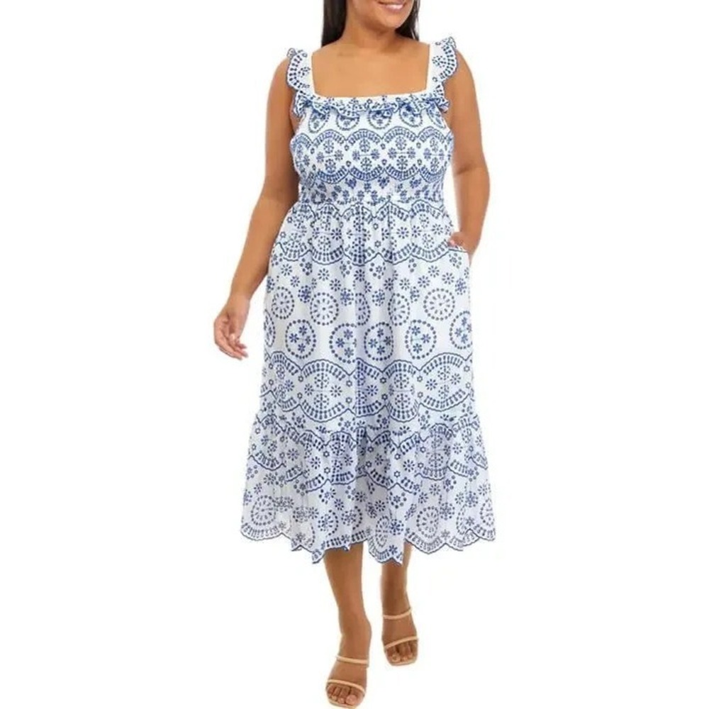 Crown & Ivy Midi Dress  Womens 3X Eyelet Blue White Midi Ruffle Tiered Pockets